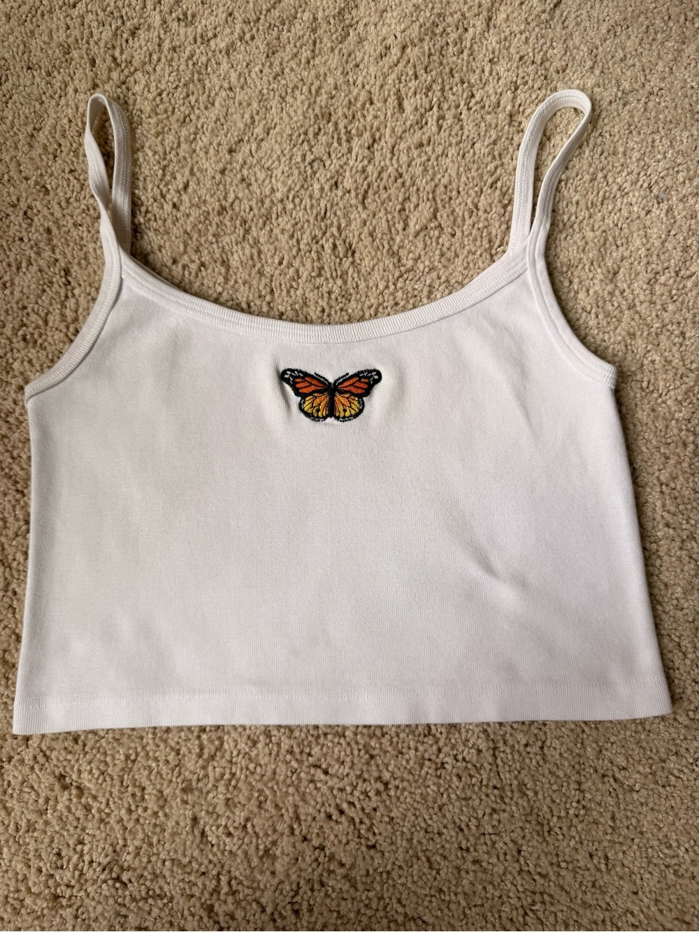 Brandy Melville White Cropped Cami with Orange Butterfly Patch
